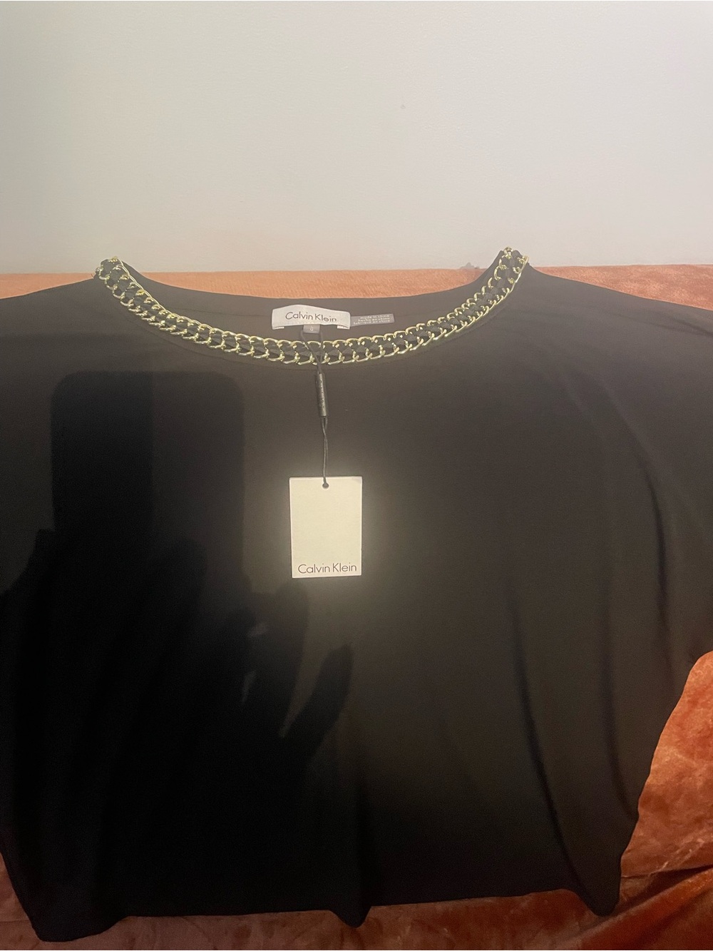 Calvin Klein Black Short Sleeve Top with Gold Chain Neckline